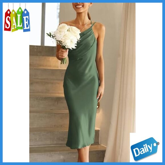 One Shoulder Satin Midi Dress Backless Bodycon Formal Summer - Picture 3 of 8